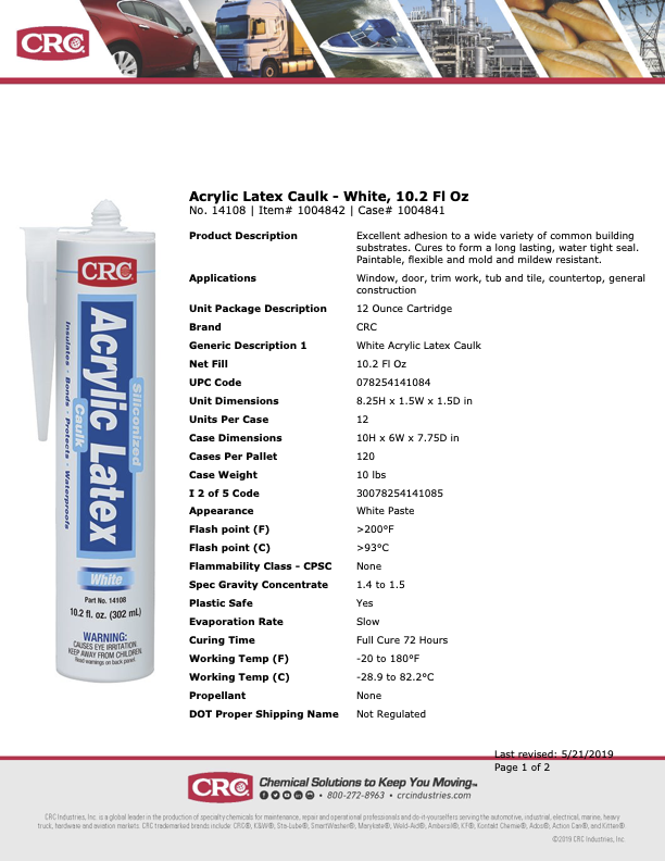 Sellador Acrílico Látex Blanco 10 oz - Caja 12 unidades | Ventanas, Puertas, Baño